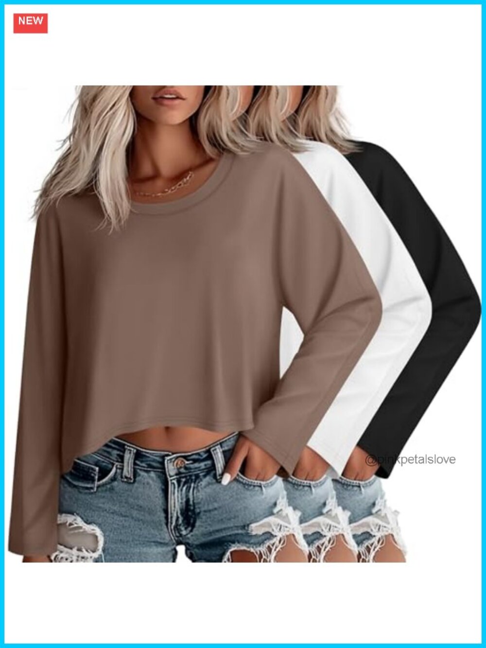 Womens 3 Pack Oversized Cropped Long Sleeve Causal Tops Crop Top